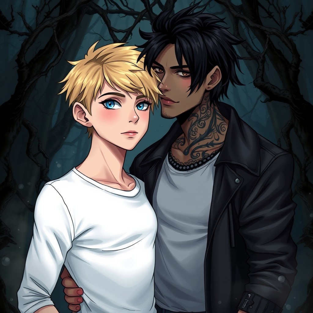 An illustration for a dark romance book cover featuring a homosexual couple