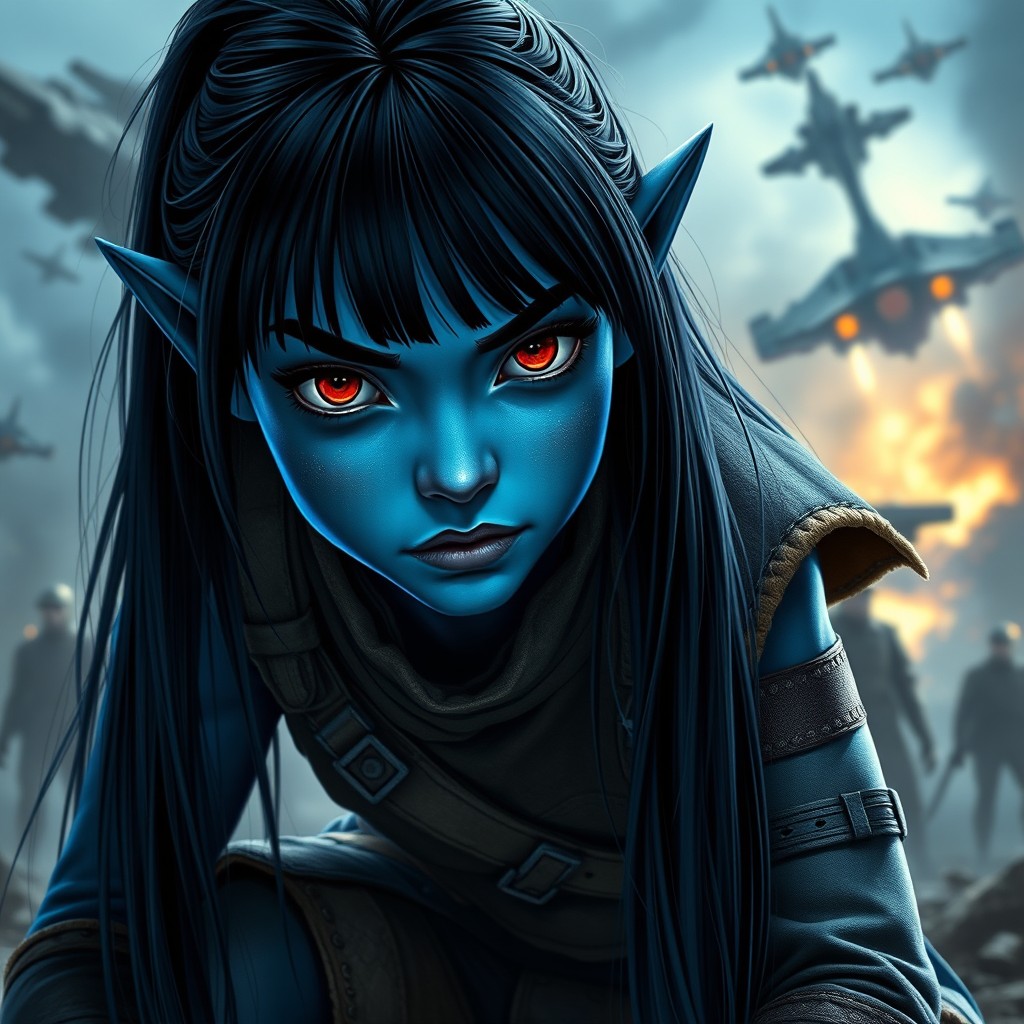 Full-body portrait of a young Avatar with long, straight black hair down to her waist and bangs, featuring full, dark lips and deep red eyes