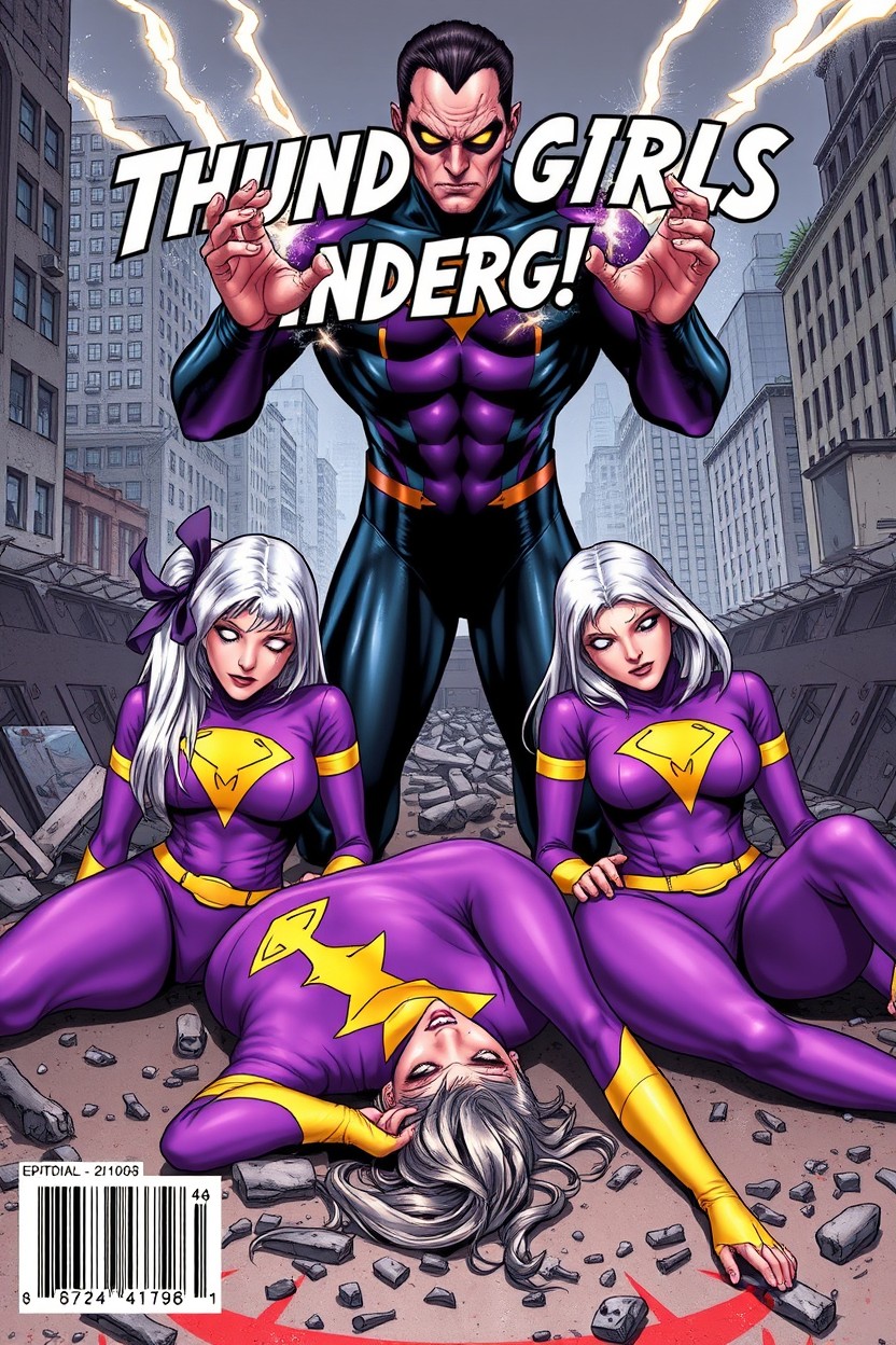 A realistic art-style illustration featuring three female superheroes in vibrant purple spandex costumes