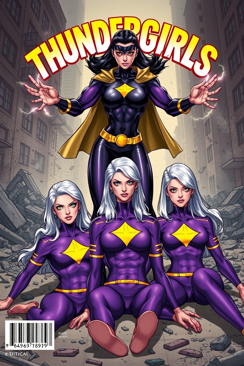 A realistic art-style illustration showcasing three female superheroes in dynamic purple spandex costumes, characterized by their athletic builds