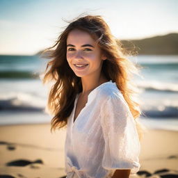 An aesthetically pleasing portrait of a girl enjoying her time on a serene beach, radiant sunlight beaming down, and gentle ocean waves in the background.