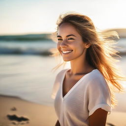 An aesthetically pleasing portrait of a girl enjoying her time on a serene beach, radiant sunlight beaming down, and gentle ocean waves in the background.