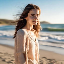 An aesthetically pleasing portrait of a girl enjoying her time on a serene beach, radiant sunlight beaming down, and gentle ocean waves in the background.