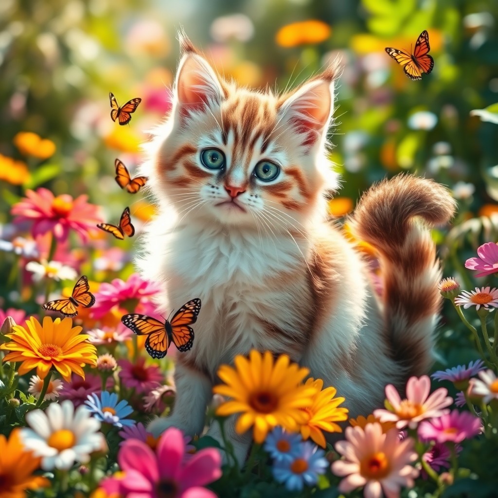 A playful and adorable cat with fluffy fur, bright green eyes, and a curious expression, sitting gracefully among colorful flowers in a sunny garden