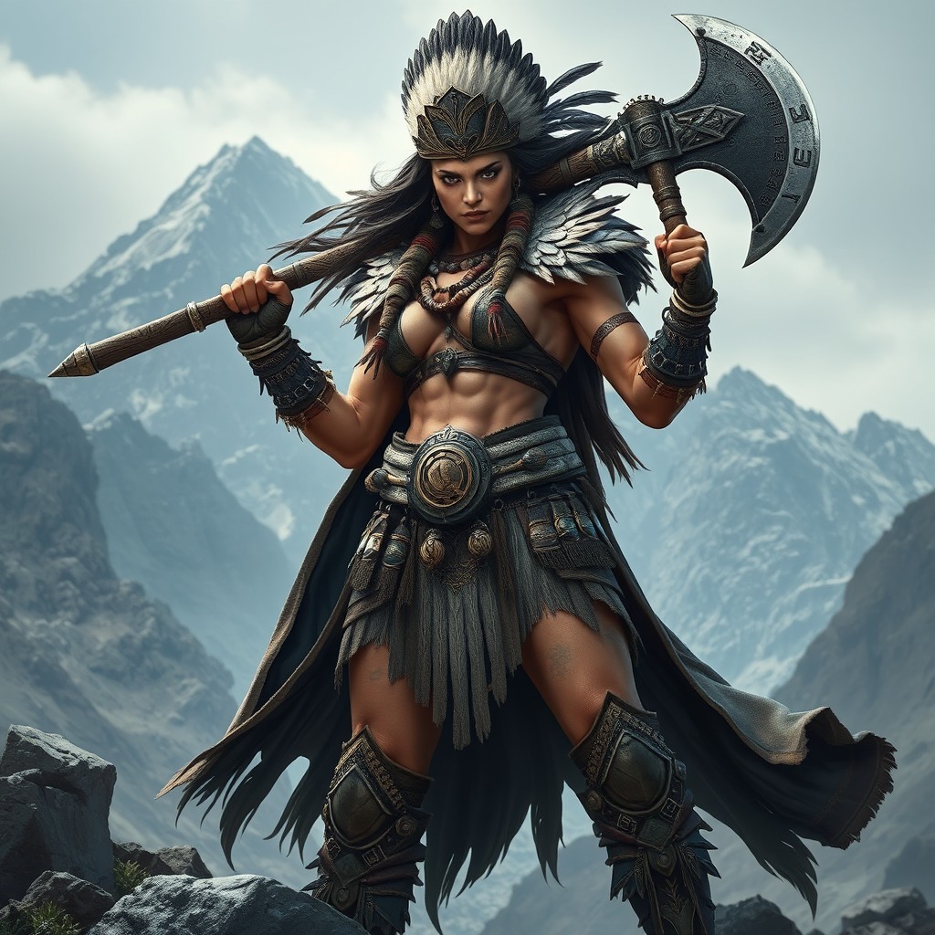 An imposing female Goliath warrior, standing tall and muscular, clad in intricate tribal armor adorned with feathers and beads
