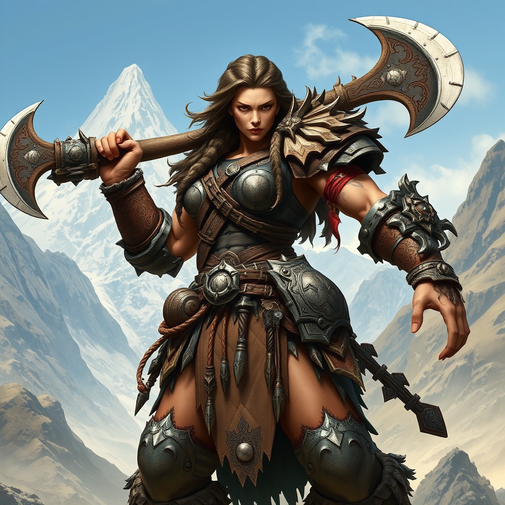 A powerful female Goliath warrior character from a fantasy world, showcasing her muscular build and towering height