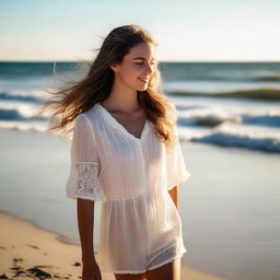 An aesthetically pleasing portrait of a girl enjoying her time on a serene beach, radiant sunlight beaming down, and gentle ocean waves in the background.