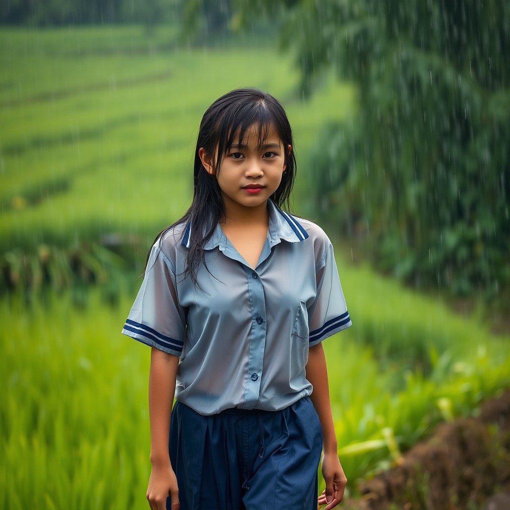 A beautiful Indonesian girl in a school uniform, walking on a rice field embankment under a heavy downpour during the afternoon