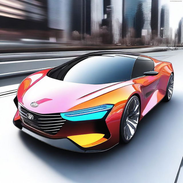 Visualize a high-quality digital art of a futuristic Hyundai car imbued with the essence of Nintendo