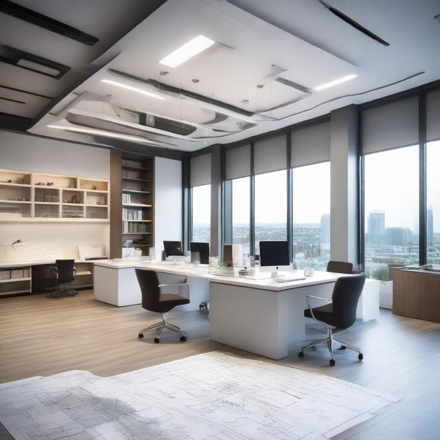 An impressive, modern civil engineering consultancy office outfitted with detailed architectural plans, models of infrastructures, and engineers collaborating over complex blueprints