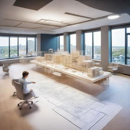 An impressive, modern civil engineering consultancy office outfitted with detailed architectural plans, models of infrastructures, and engineers collaborating over complex blueprints