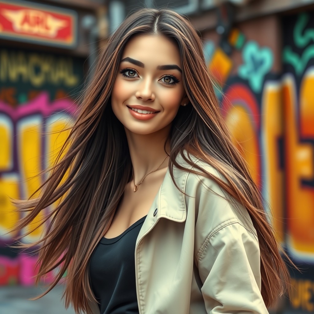 A realistic portrait of a young woman with long flowing hair, wearing a stylish outfit