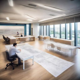 An impressive, modern civil engineering consultancy office outfitted with detailed architectural plans, models of infrastructures, and engineers collaborating over complex blueprints