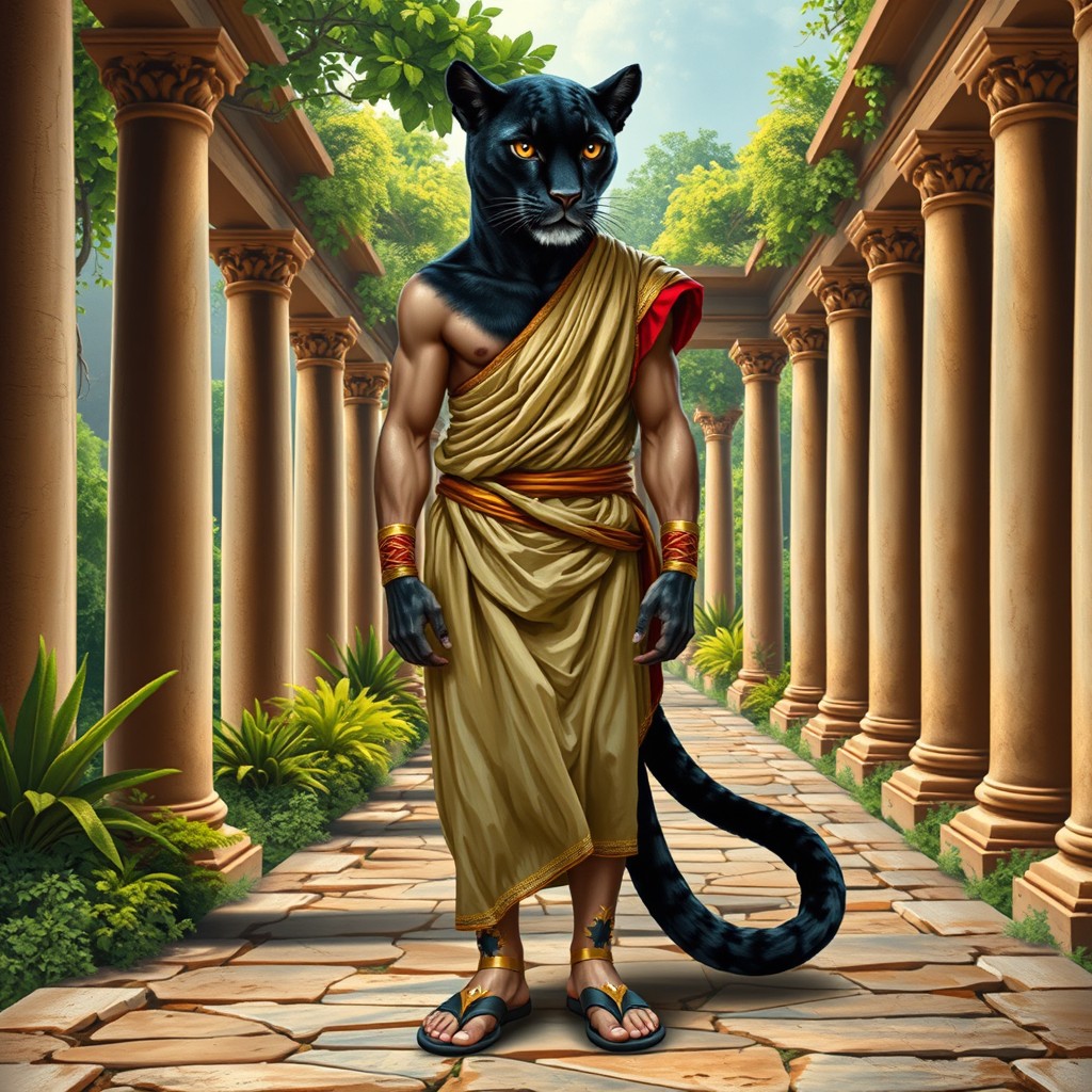 A collage featuring a character with the head of a black panther and the body of a human dressed in ancient Roman attire