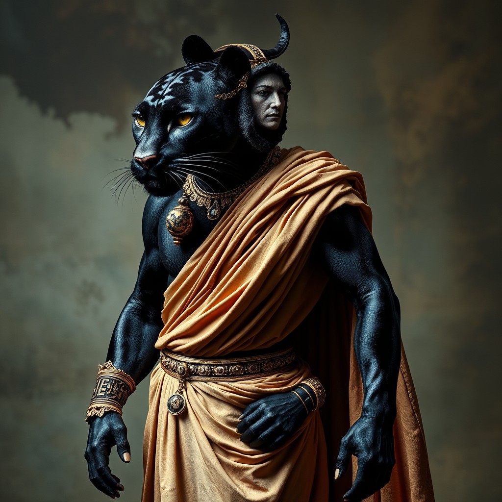 A surreal collage featuring a black panther with the face of a panther and the body of a human dressed in Roman attire