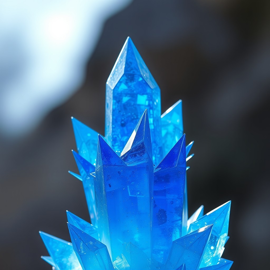 A stunning blue crystal with sharp, spiky protrusions jutting out in various directions