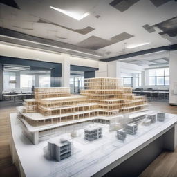 An impressive, modern civil engineering consultancy office outfitted with detailed architectural plans, models of infrastructures, and engineers collaborating over complex blueprints