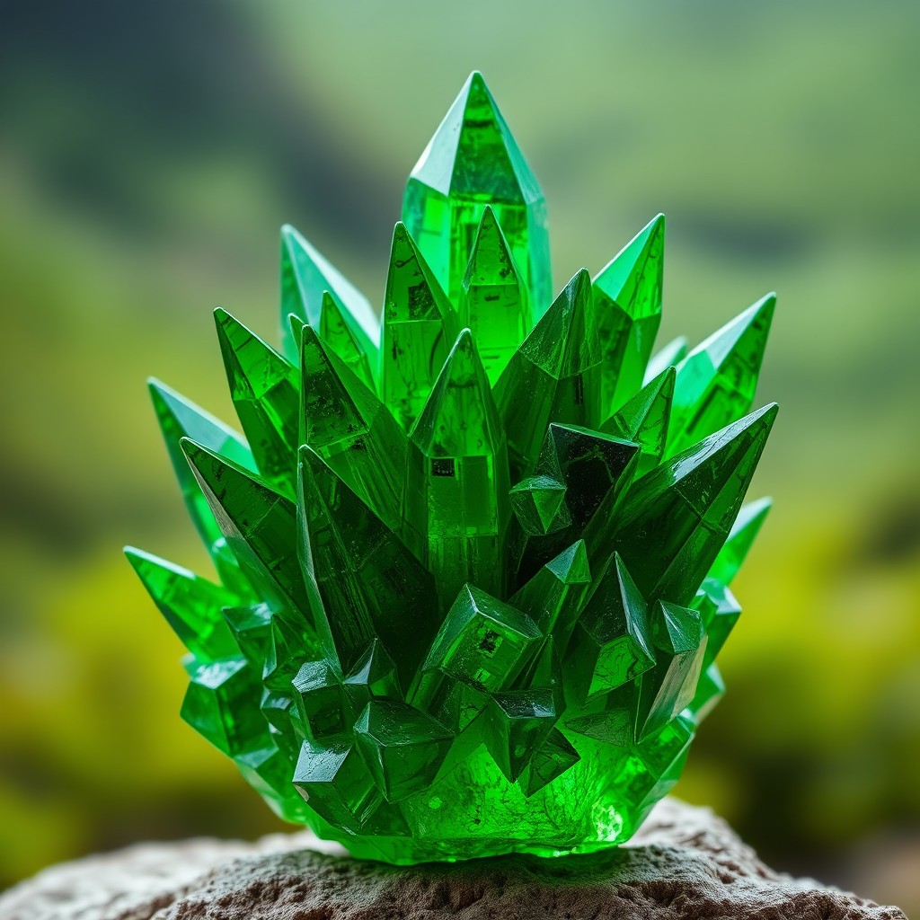 A vividly green crystal with strikingly sharp spikes protruding in various directions, resembling a natural formation