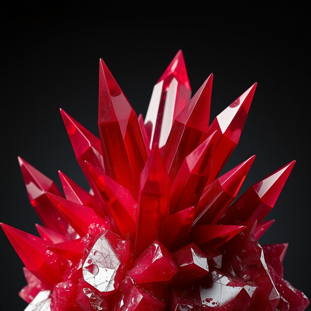 A striking red crystal with sharp, spiky formations extending outward, creating a dramatic and dynamic appearance