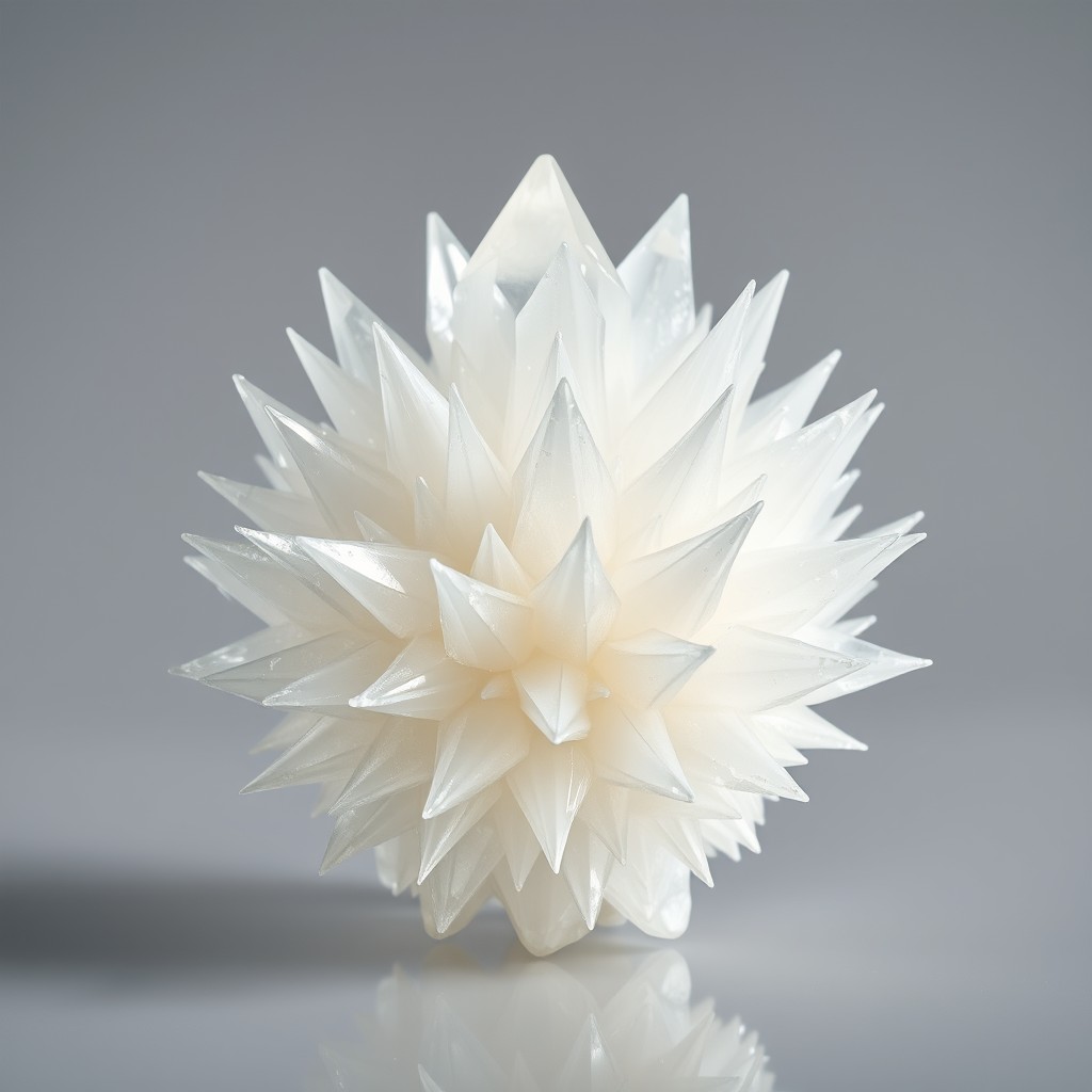 A stunning white crystal with intricate, spiky formations radiating outward, showcasing its unique structure