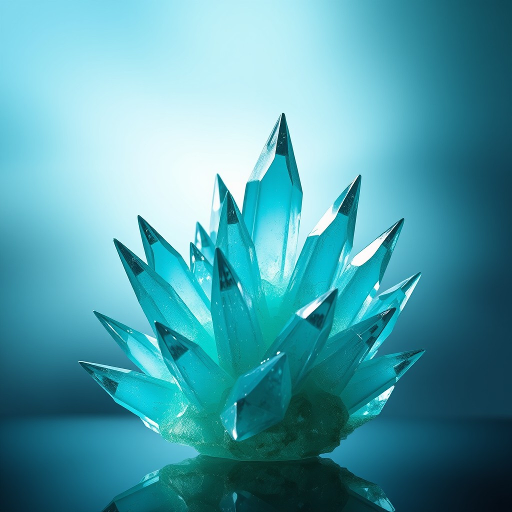 A captivating teal crystal with striking, elongated spikes that jut out at various angles, creating a captivating visual effect