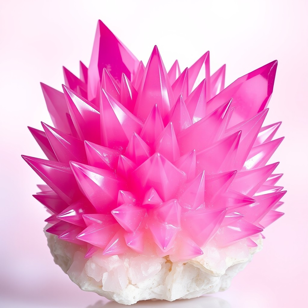 A stunning pink crystal adorned with striking spiky formations that create a captivating visual appeal