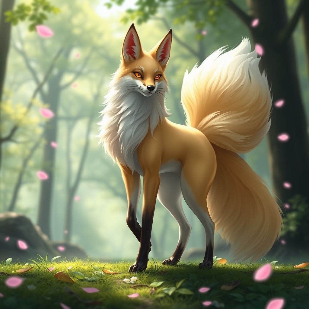 A magnificent, long-legged beautiful kitsune, featuring elegant fox-like features and a luxurious, flowing multi-tailed fur
