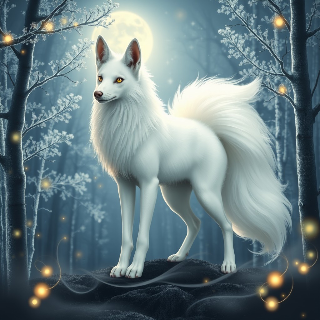 A beautiful, long-legged, elegant white kitsune, showcasing its stunning silky white fur