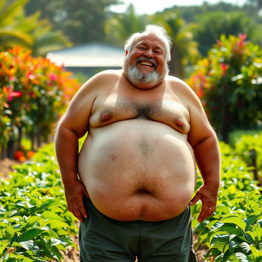 A realistic portrayal of an obese elderly man from Espírito Santo, Brazil, joyfully working on his farm