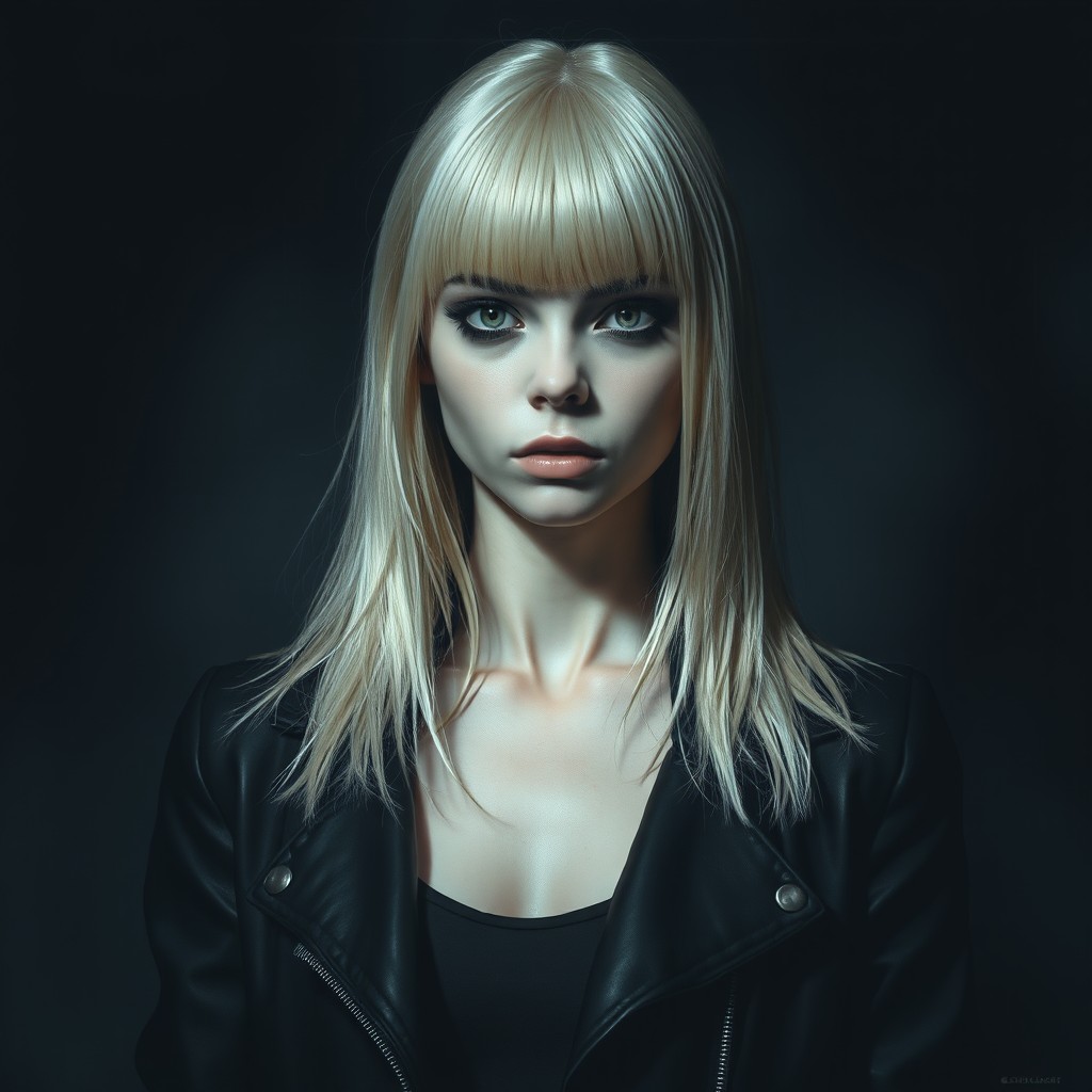 A tall, young white woman with medium-length straight blonde hair, wearing a stylish black jacket