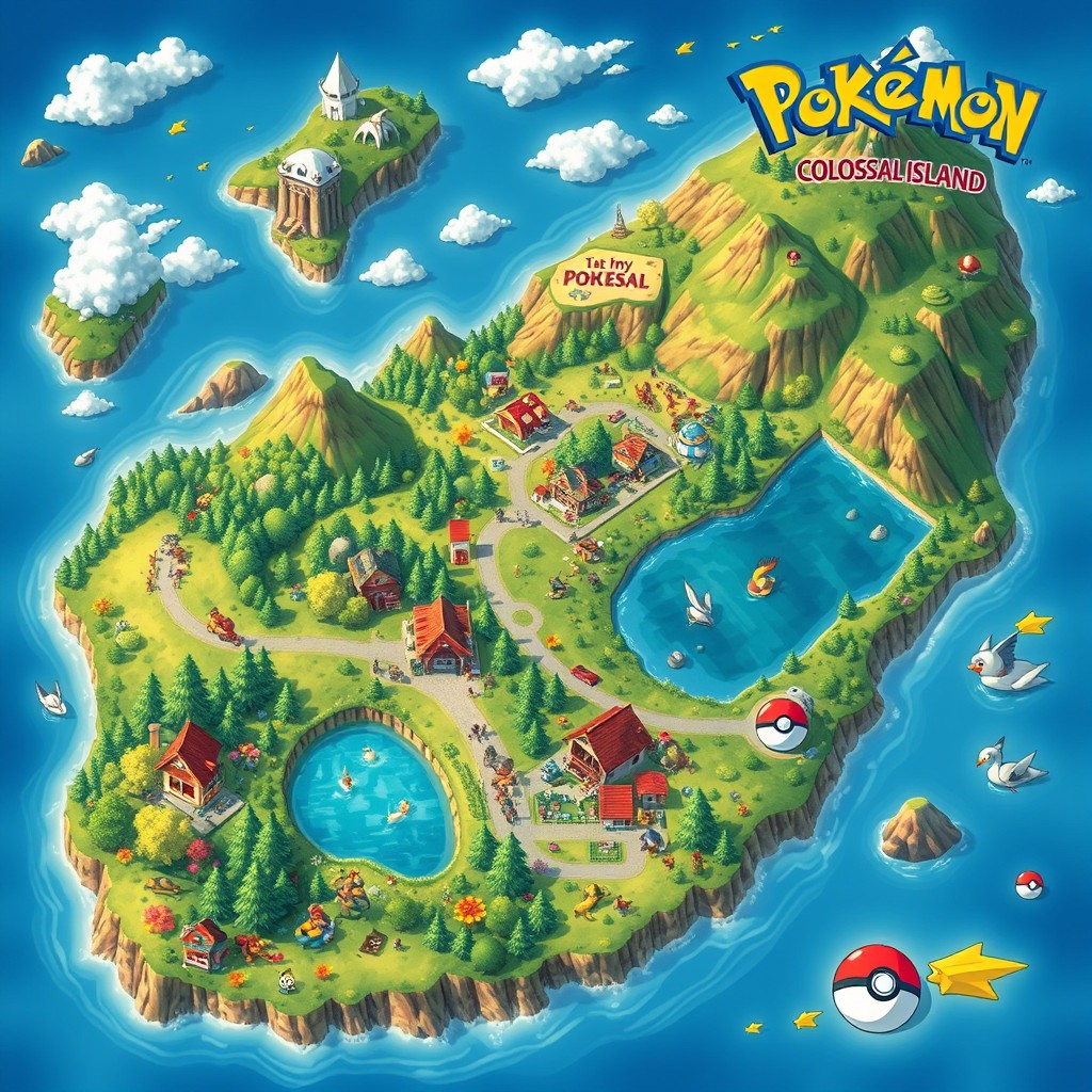 A detailed Pokémon-themed map of the Colossal Islands, showcasing a vibrant landscape with various regions