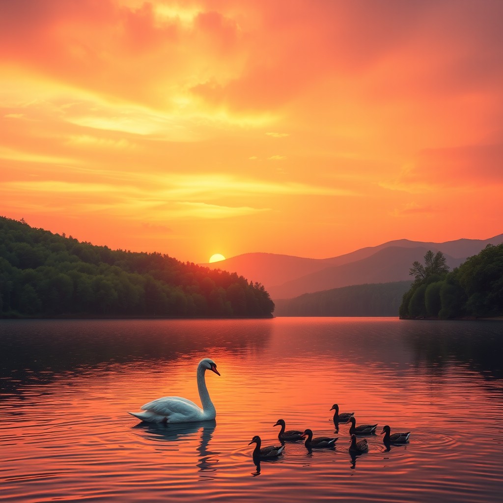 A peaceful landscape featuring a serene lake surrounded by lush green forests during a vibrant sunset
