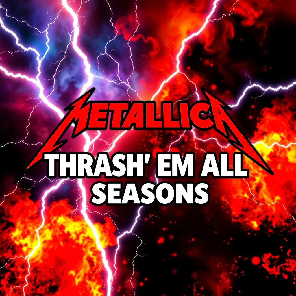 A vibrant and powerful cover art for the playlist titled 'Metallica - Thrash' Em All Seasons', emphasizing pure energy and intensity throughout