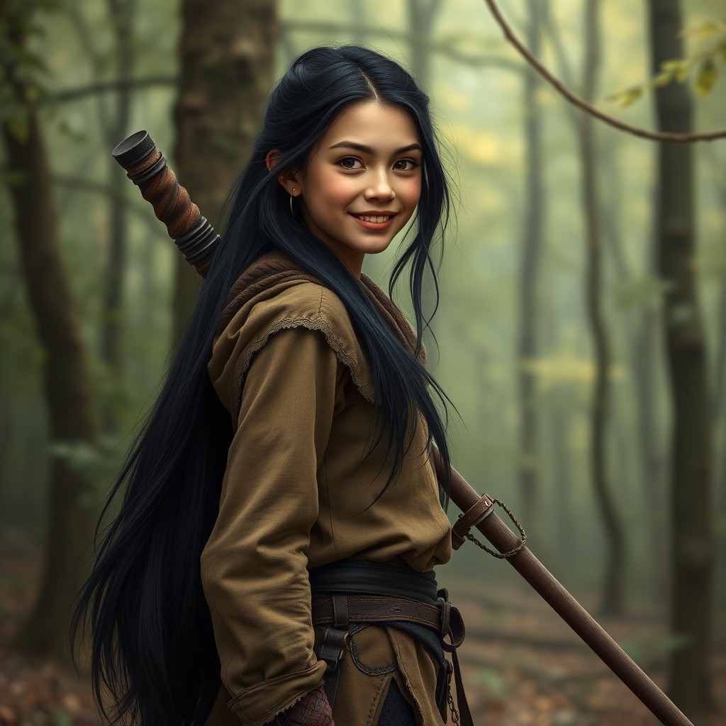 A 17-year-old girl inspired by a fantasy book, set in a middle age era, dressed for comfortable movement in a forest and hunting
