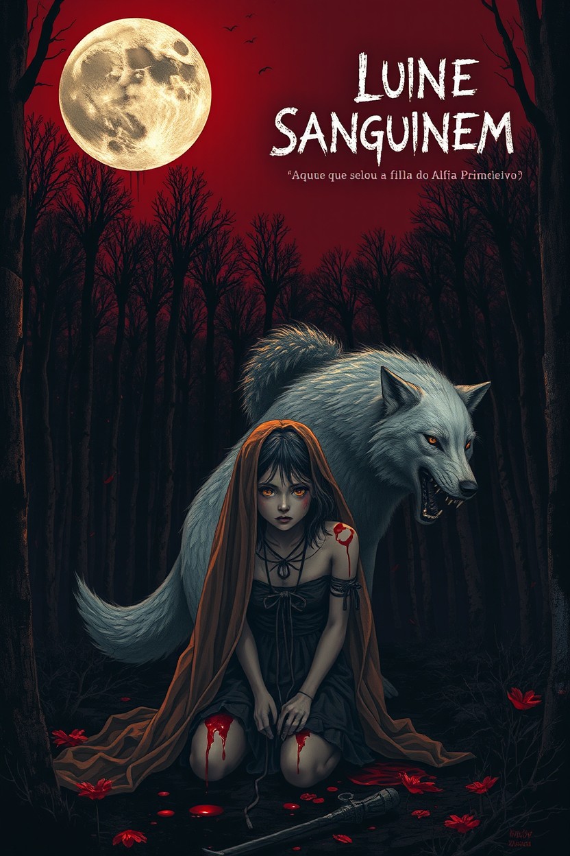 A haunting and intense nighttime scene, featuring a dark forest with a blood-red sky behind it