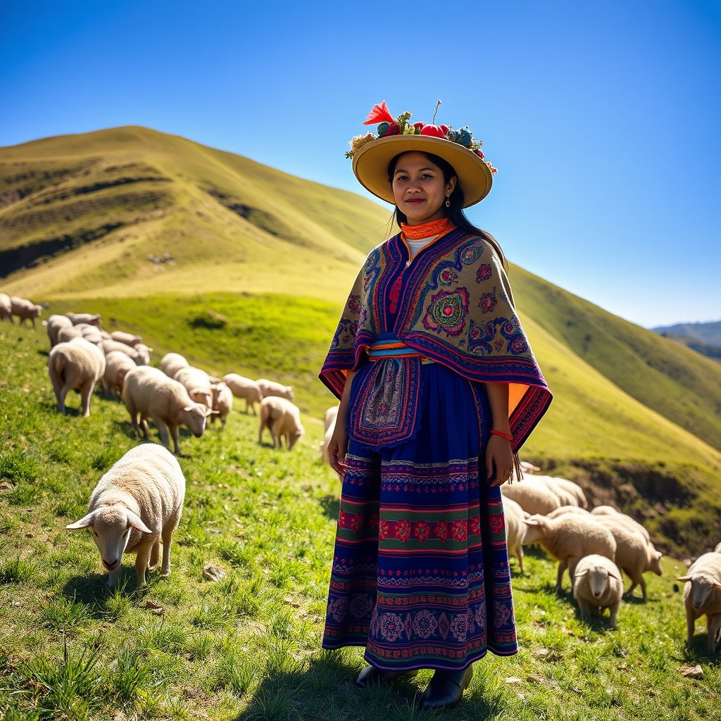 A young woman herding sheep on a hillside, dressed in traditional Cusco, Peru attire