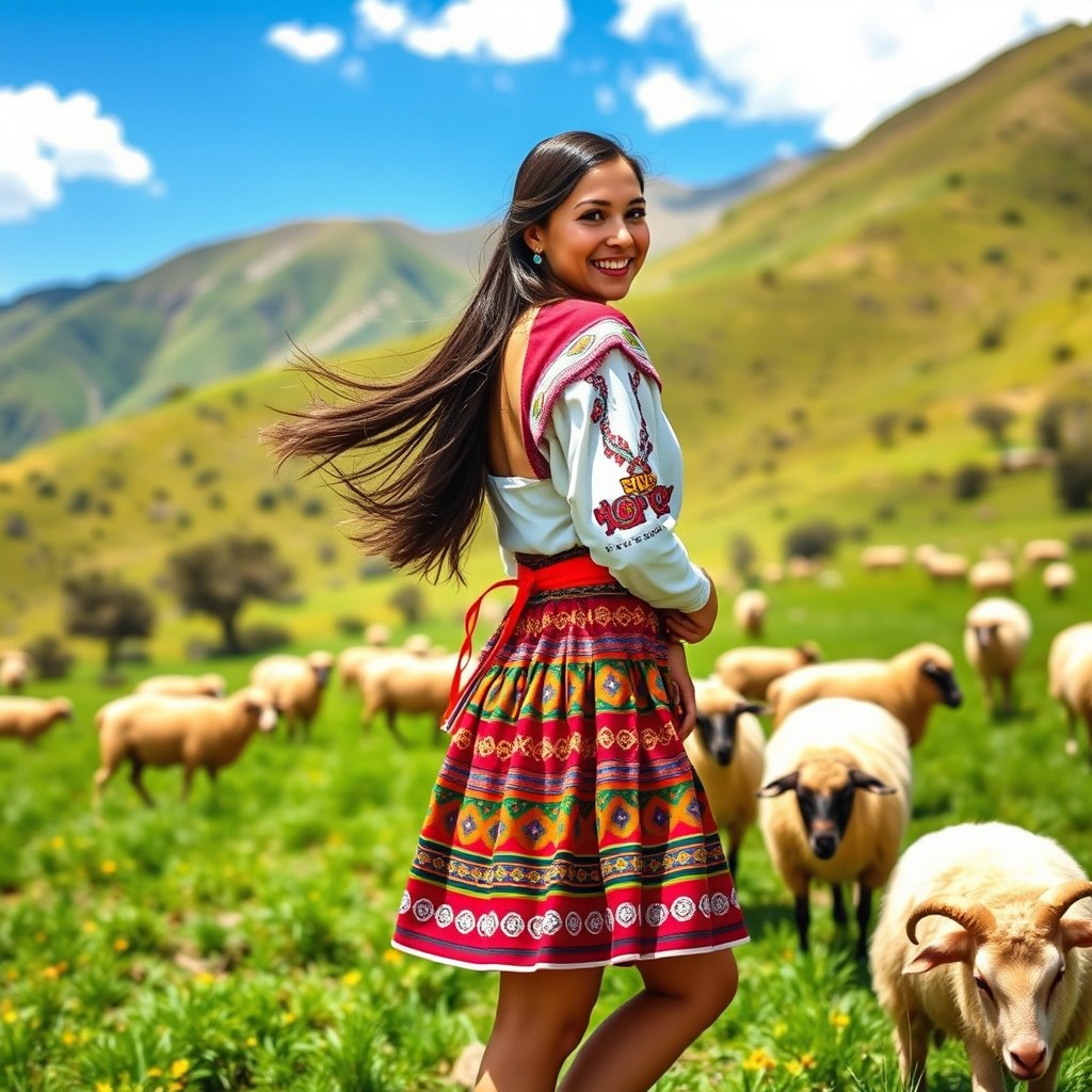 A young woman dressed in a traditional Cusco, Peru outfit featuring a vibrant and colorful short skirt, standing in a lush green landscape while her flock of sheep grazes nearby