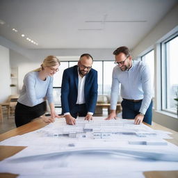 A dynamic civil engineering and real estate consultancy office, showcasing blueprints of a creative bridge design, architectural plans, models of infrastructures, and agency specialists discussing property strategies