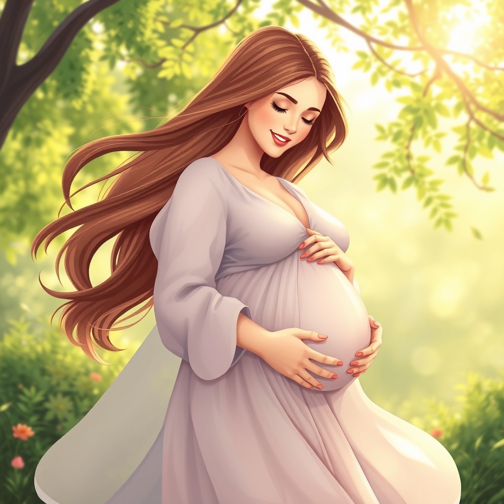 A beautiful and serene cover illustration of a pregnant mother, showcasing her gently embracing her baby bump