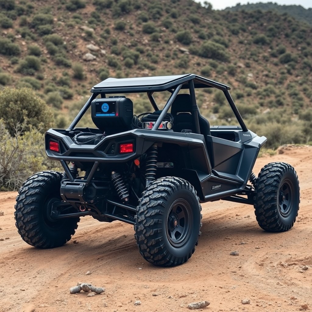A rugged, high-suspension buggy equipped with advanced sensors monitoring a collar