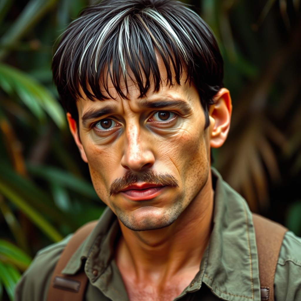 A photo of a male CIA agent, approximately 43 years old with straight dark brown hair featuring streaks of silver near the temples