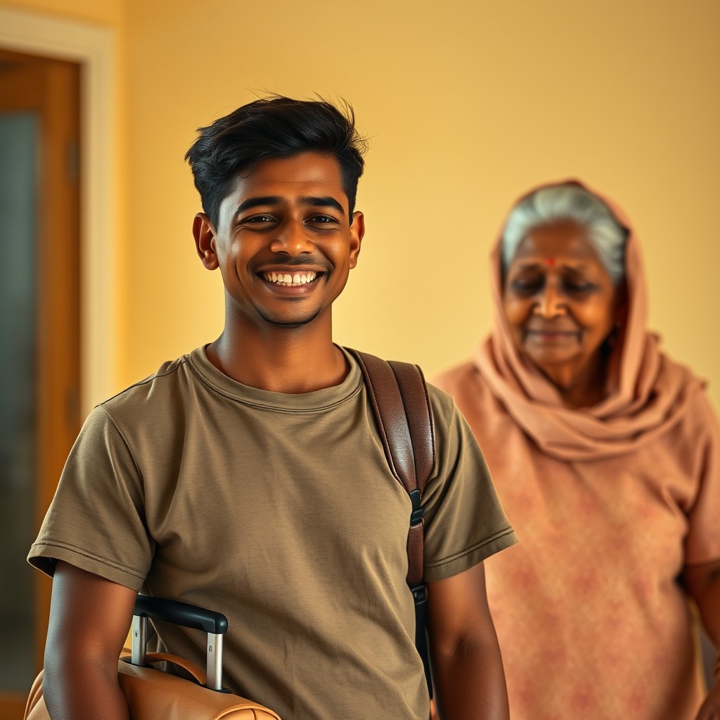 A touching scene of a young man with a deep emotional expression of relief, featuring medium brown skin and wearing simple travel clothes such as a comfortable t-shirt and pants