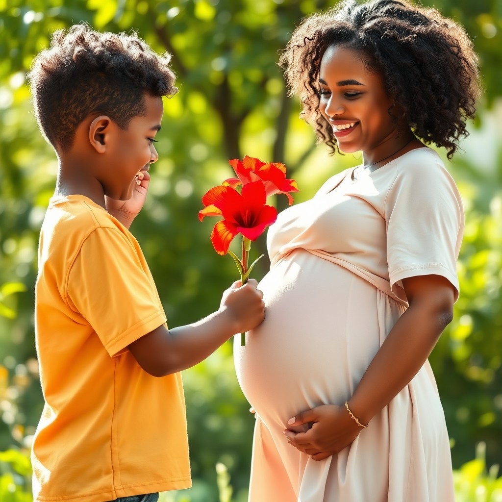 A heartwarming scene of a young boy with medium brown skin gently presenting a vibrant red flower to his mother, who is expecting a baby