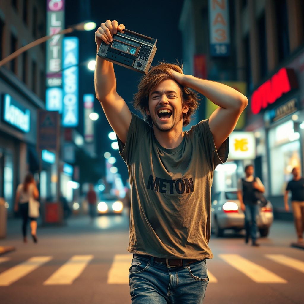 A scene depicting a disheveled, intoxicated man stumbling down a city street, laughing and holding a vintage cassette radio above his head