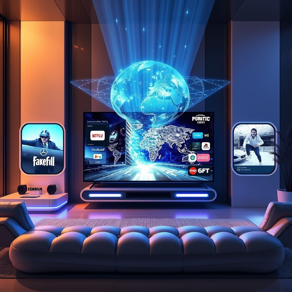A futuristic television featuring a plasma display with advanced virtual reality capabilities