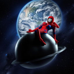 A beautiful woman in a Spiderman costume contemplating atop a satellite while gazing towards the earth, in a fantasy outer space setting.