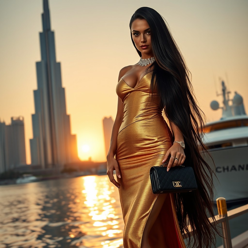A tall, slender silhouette with long, shiny dark hair, radiating confidence and allure