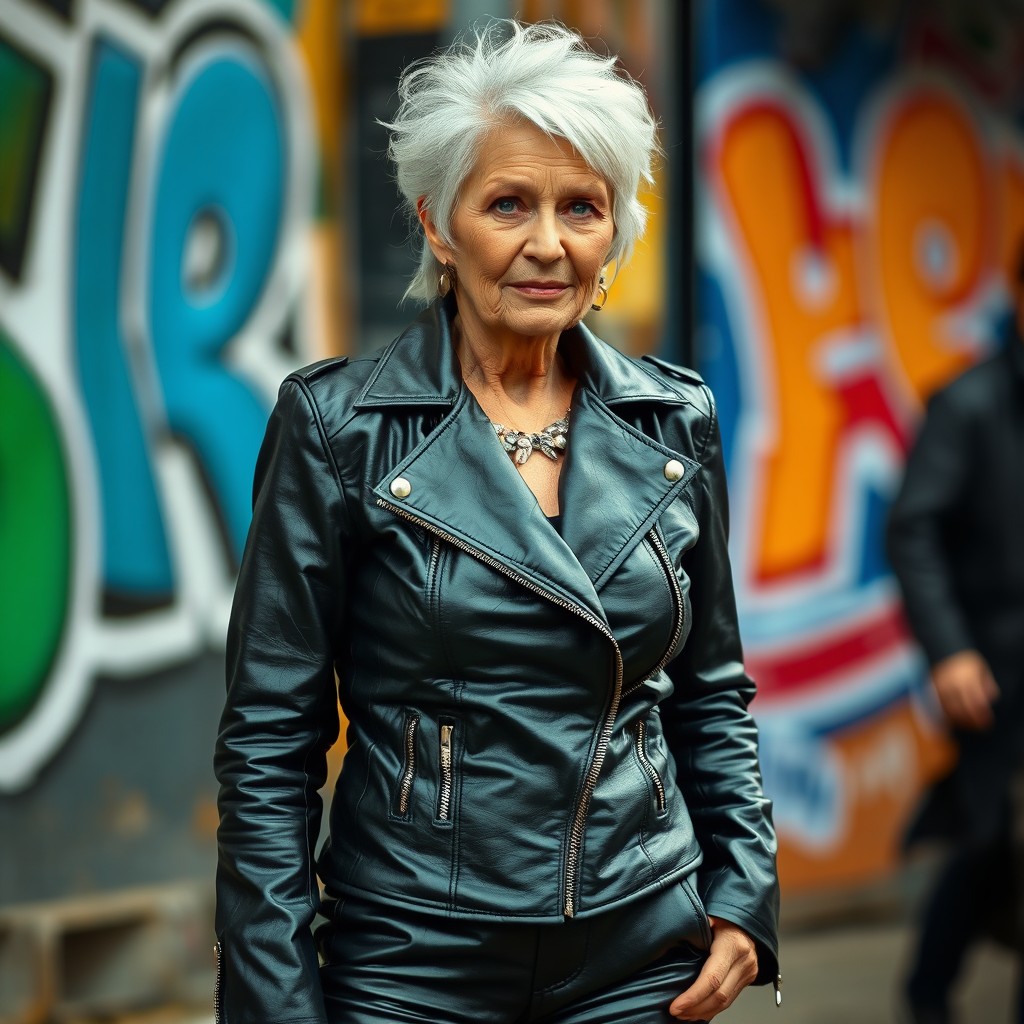 An elderly woman dressed in stylish, form-fitting leather attire, showcasing her confident and rebellious personality