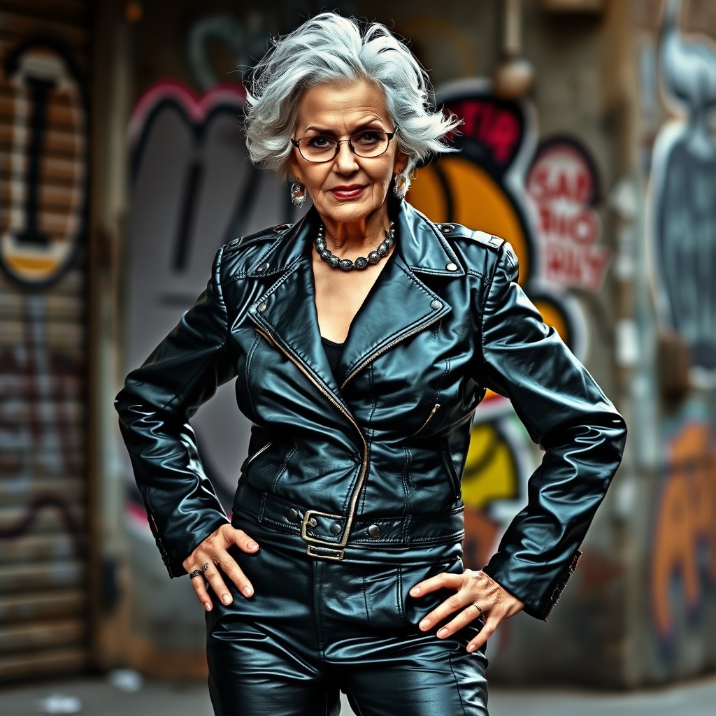 A powerful and commanding grandmother exuding confidence, dressed in an eye-catching leather outfit that showcases her assertive personality