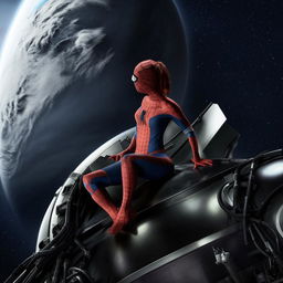 A beautiful woman in a Spiderman costume contemplating atop a satellite while gazing towards the earth, in a fantasy outer space setting.